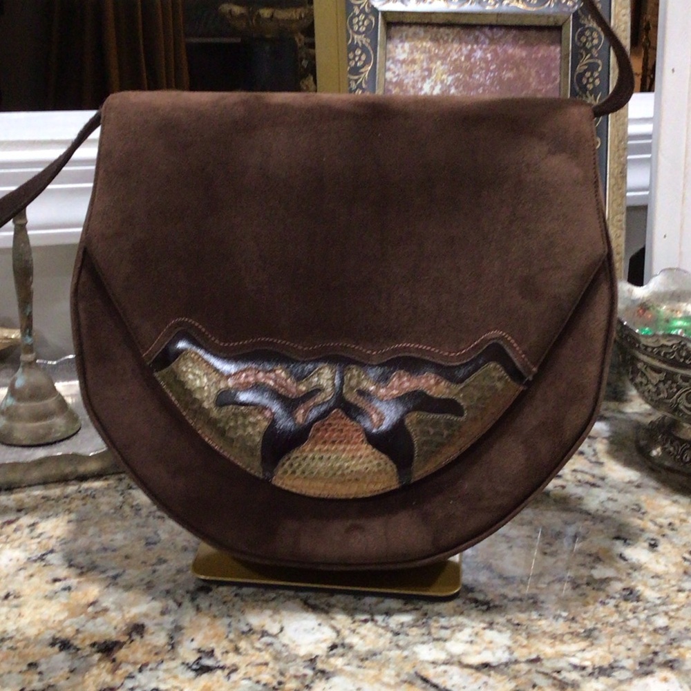 RARE Bally Vintage Italian Brown Suede Crossbody Snakeskin Appliqué